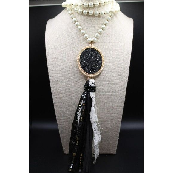 Unmarked Jewelry - Individual Tied Glass Faux Pearls Druzy Medallion Tassel Long Statement Necklace